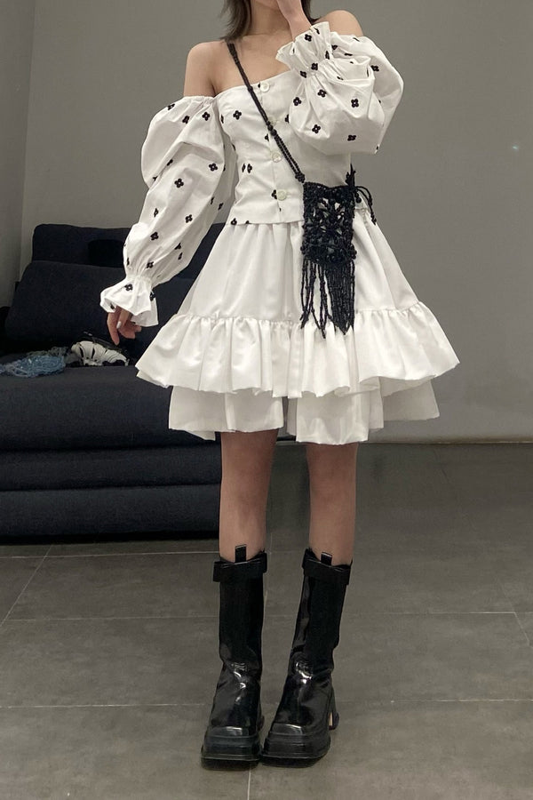 MING MA TO11-WTCT embroidered puff sleeve top